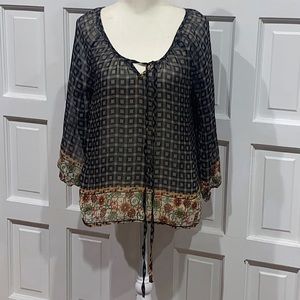 Sheer Boho Poetry 3/4 Length Sleeve Small V-Neck Blouse / Top